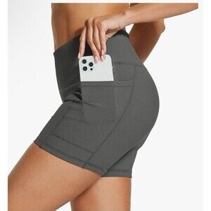 NWT Hodo Sports Women's S Nylon Ribbed Gray  Biker Shorts Gym Workout 5" Pockets